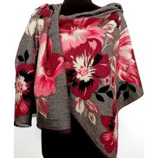 Сірий двосторонній кашеміровий палантин із квітковим візерунком